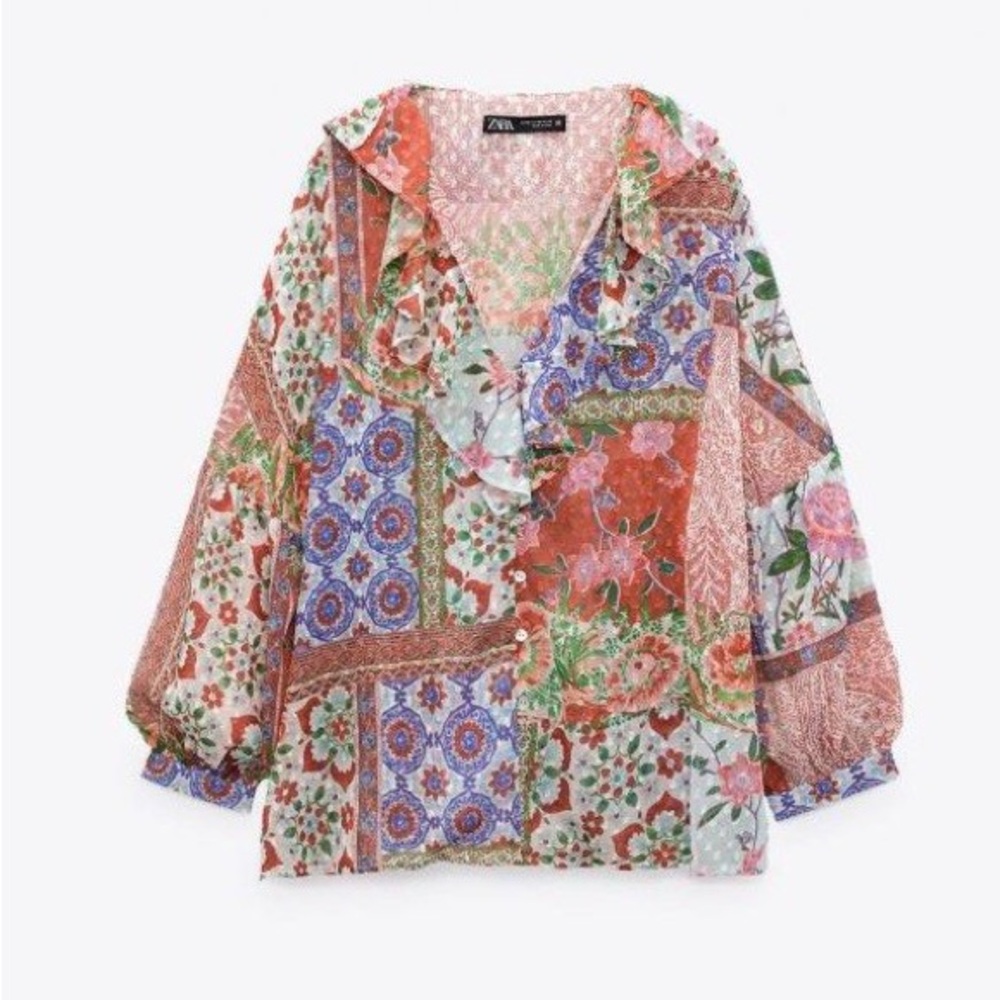 Zara Jacquard Printed Blouse - Size XL | Vibrant & Stylish